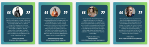 Four testimonial cards featuring portraits and quotes from women music industry professionals describing the positive impact of music industry mentorship programs like the Women Empowered Mentorship Program.
